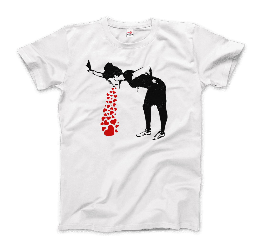 Banksy Lovesick Girl Throwing Up Hearts Artwork T-Shirt - Men’s Fashion - Men’s Clothing - Shirts - Short Sleeve Shirts