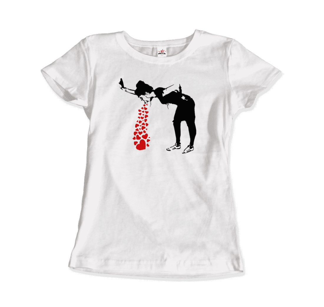 Banksy Lovesick Girl Throwing Up Hearts Artwork T-Shirt - Women / White / Small - Men’s Fashion - Men’s Clothing