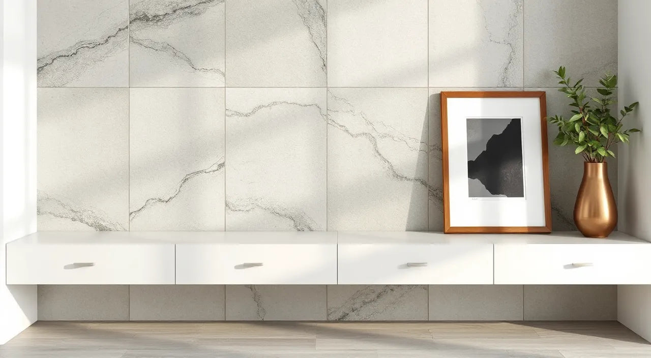 Color palette tiles, shelf heights, and framed prints