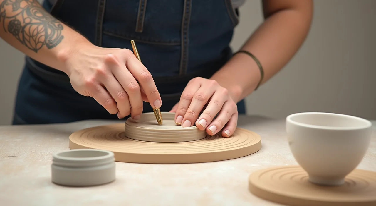 Artisan hands shaping clay with precision tools and refined glazing techniques.