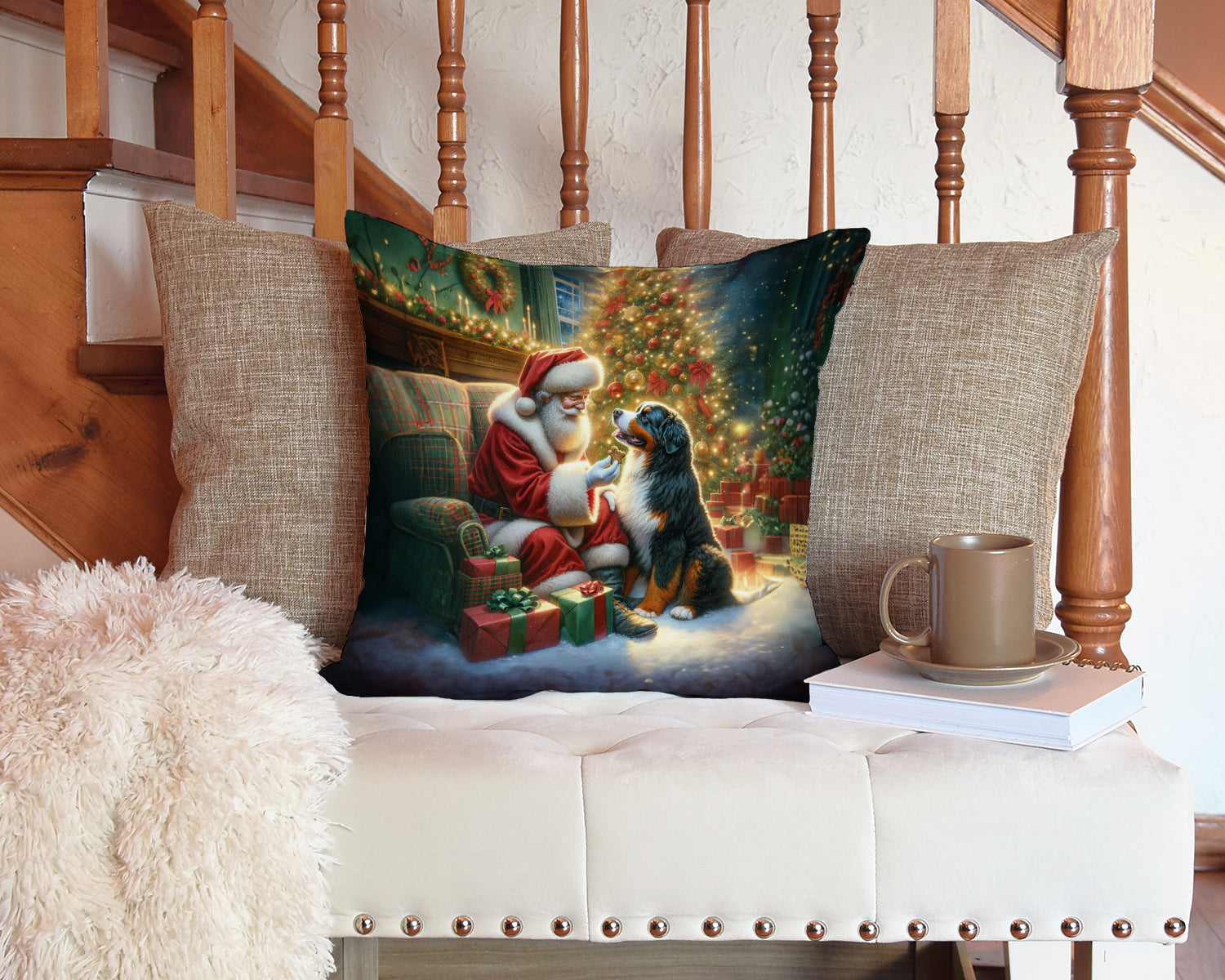 Bernese Mountain Dog and Santa Claus Throw Pillow - One Color / One Size - Home & Garden - Home Textile - Pillows