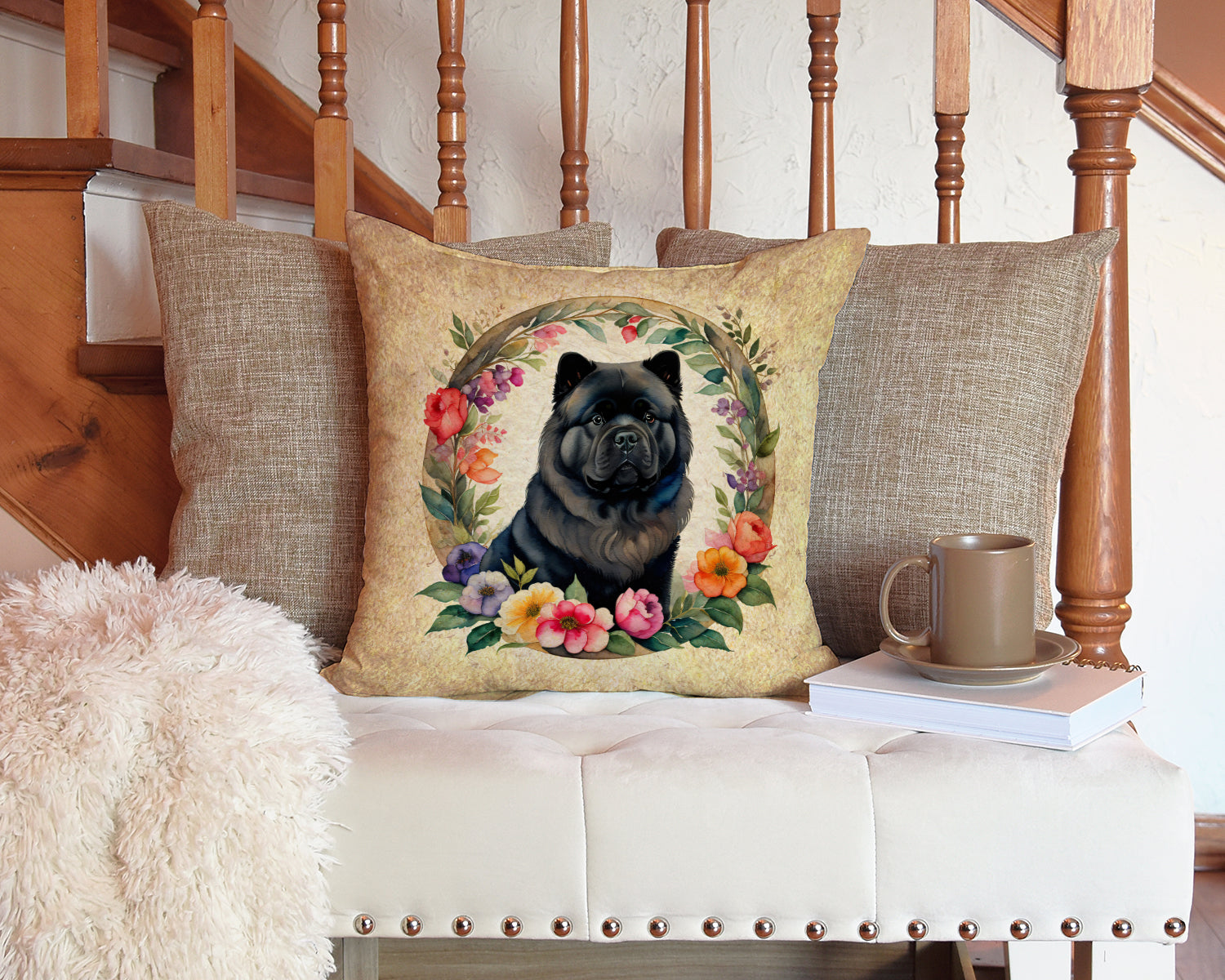 Black Chow Chow and Flowers Throw Pillow - One Color / One Size - Home & Garden - Home Textile - Pillows