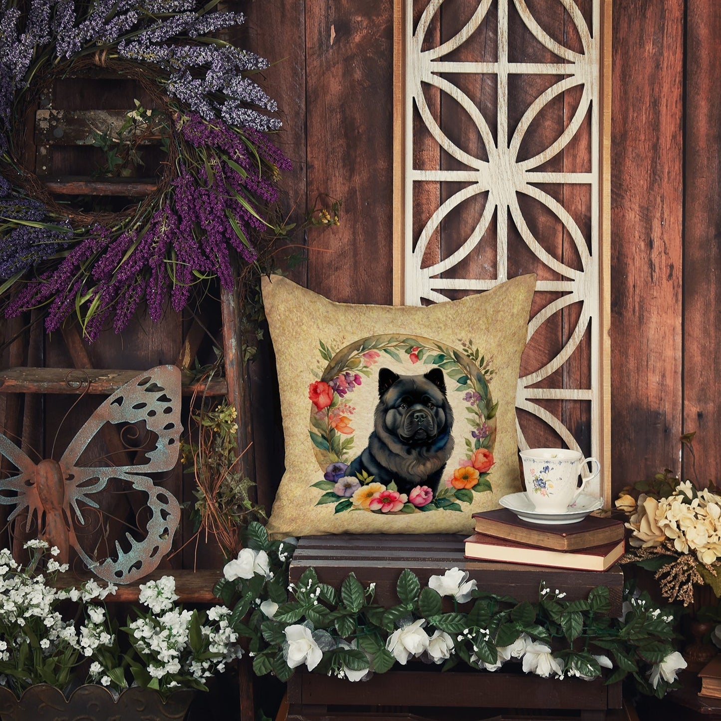 Black Chow Chow and Flowers Throw Pillow - One Color / One Size - Home & Garden - Home Textile - Pillows