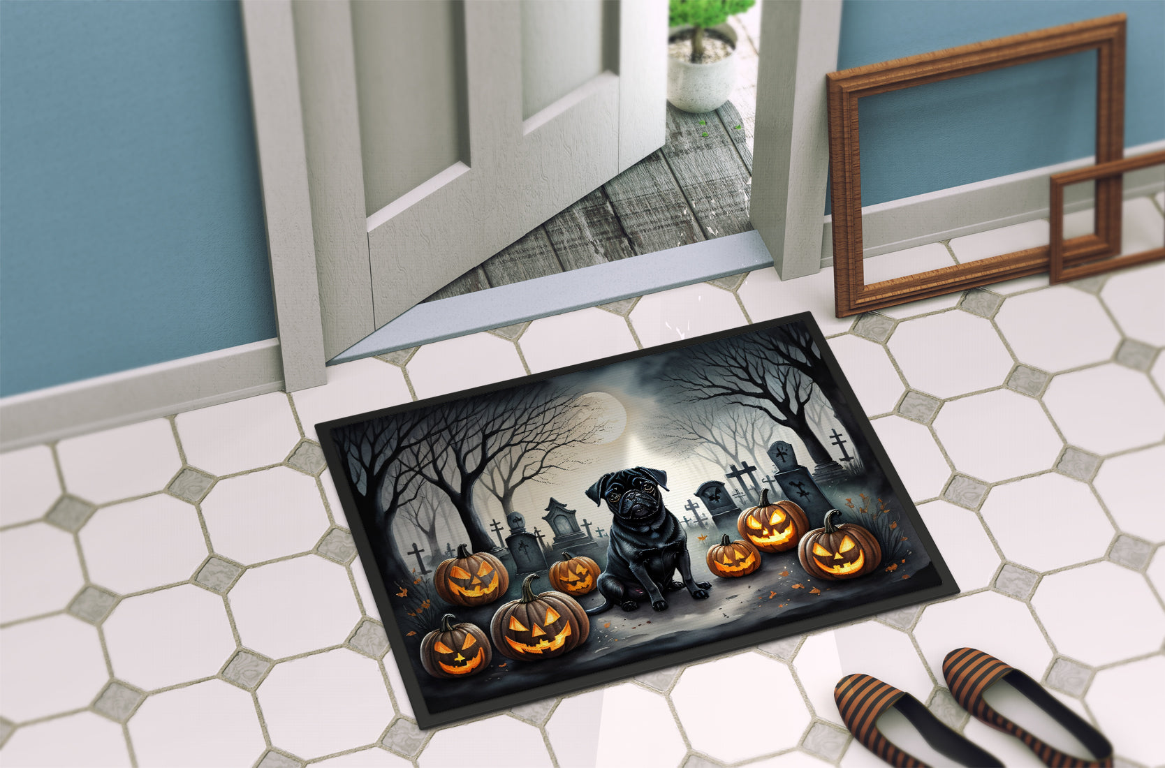 Black Pug Spooky Halloween Doormat - One Color / One Size - Home & Garden - Home Textile - Carpets & Rugs