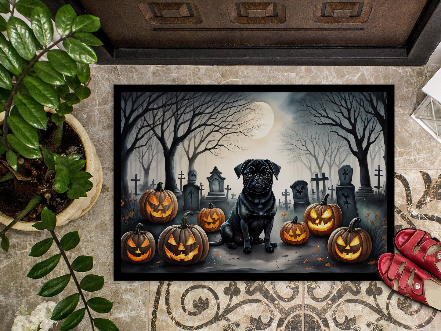 Black Pug Spooky Halloween Doormat - One Color / One Size - Home & Garden - Home Textile - Carpets & Rugs
