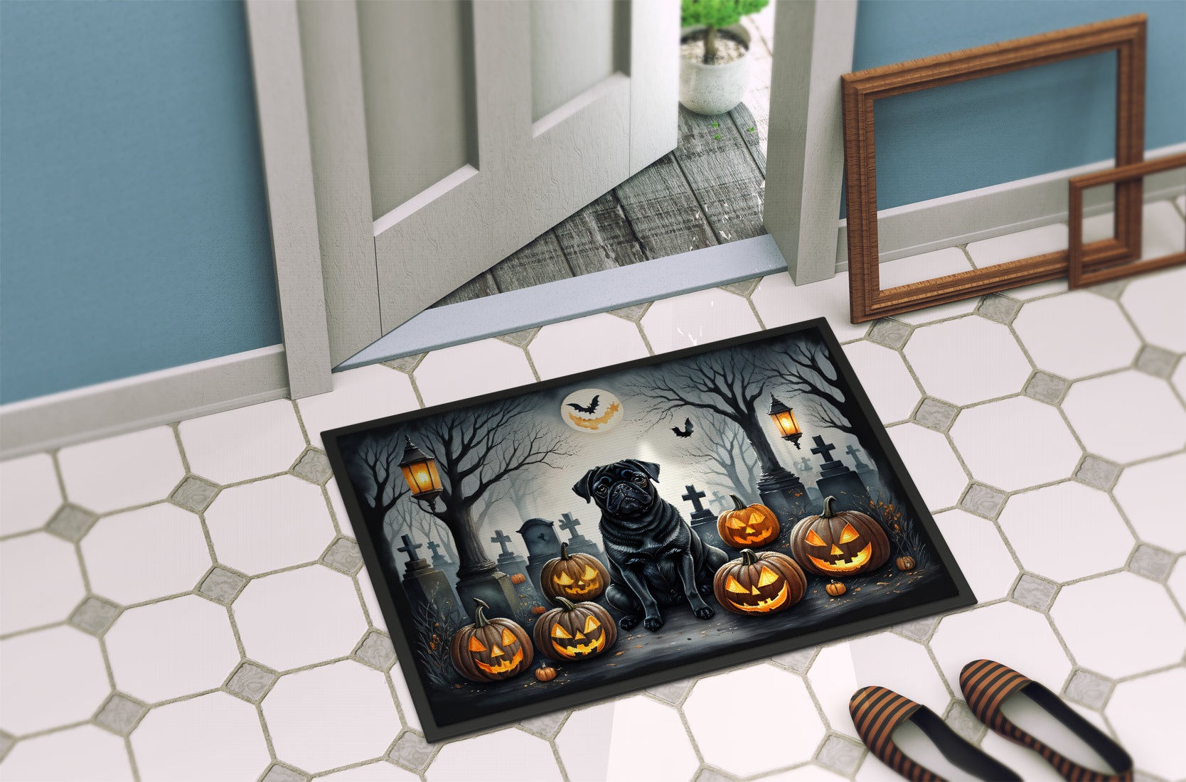 Black Pug Spooky Halloween Doormat - One Color / One Size - Home & Garden - Home Textile - Carpets & Rugs