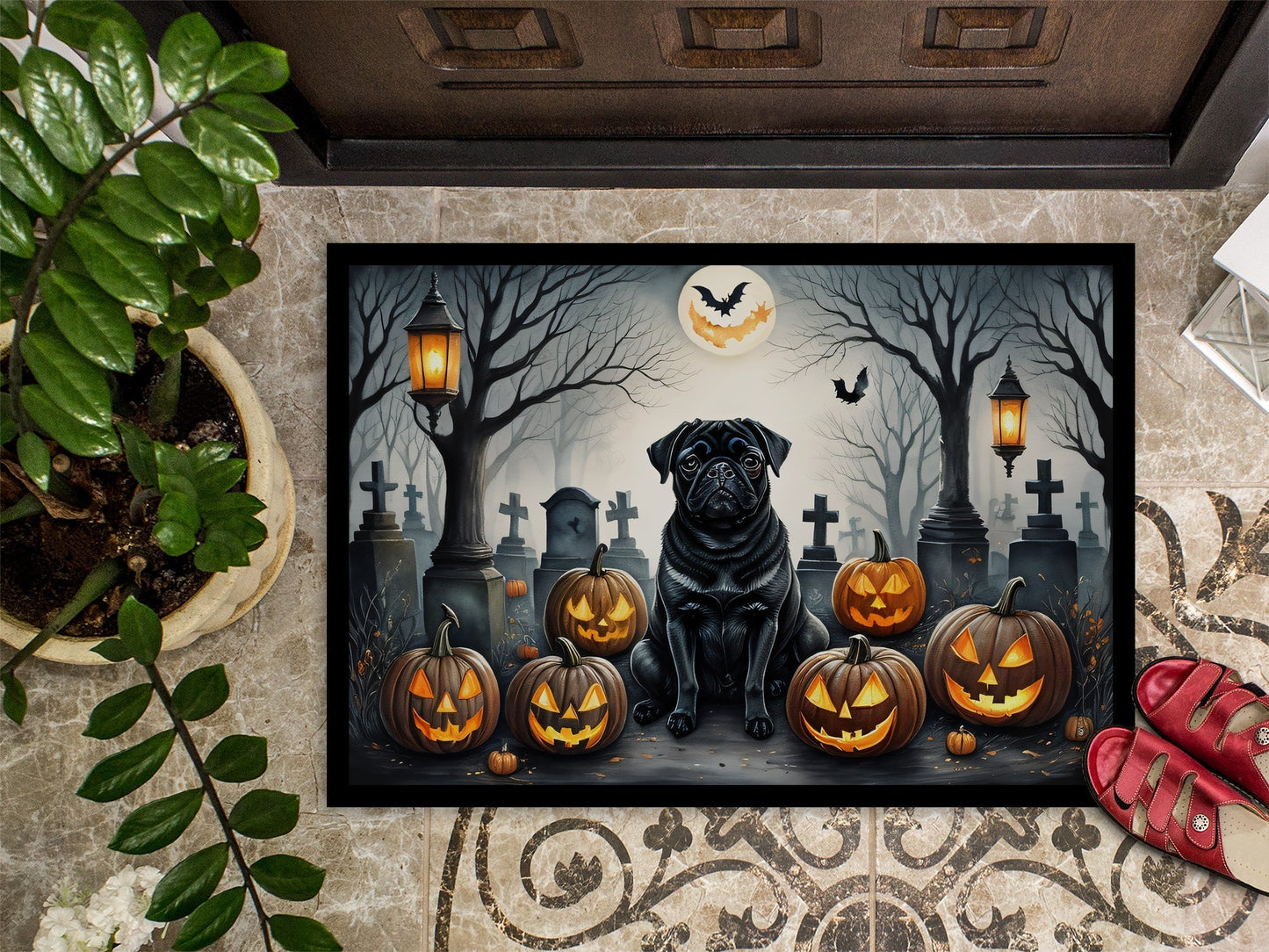 Black Pug Spooky Halloween Doormat - One Color / One Size - Home & Garden - Home Textile - Carpets & Rugs