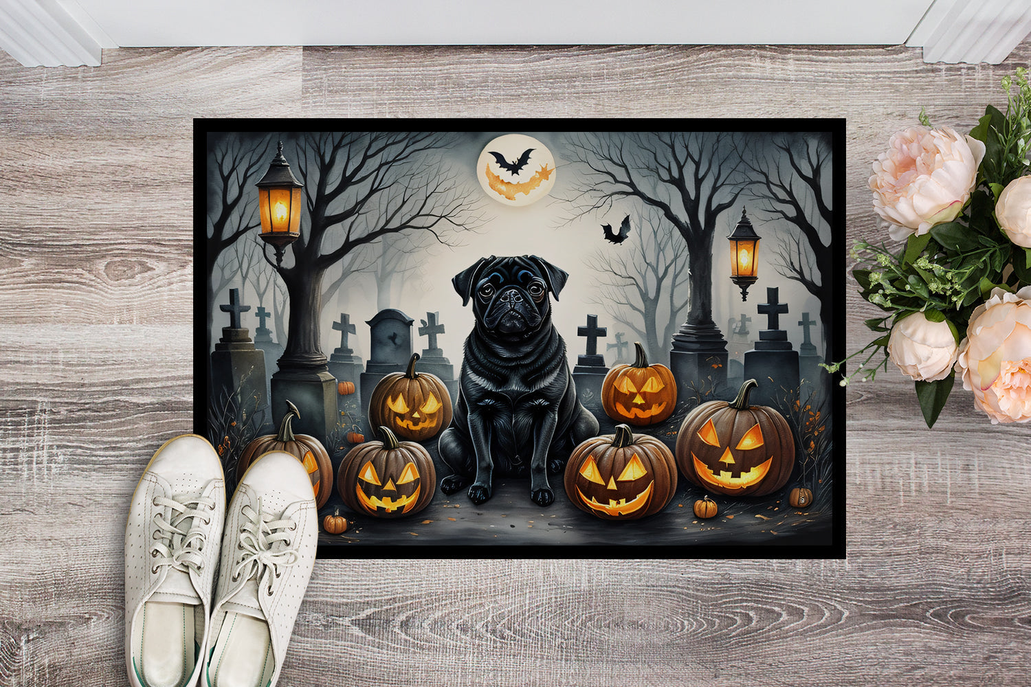 Black Pug Spooky Halloween Doormat - One Color / One Size - Home & Garden - Home Textile - Carpets & Rugs