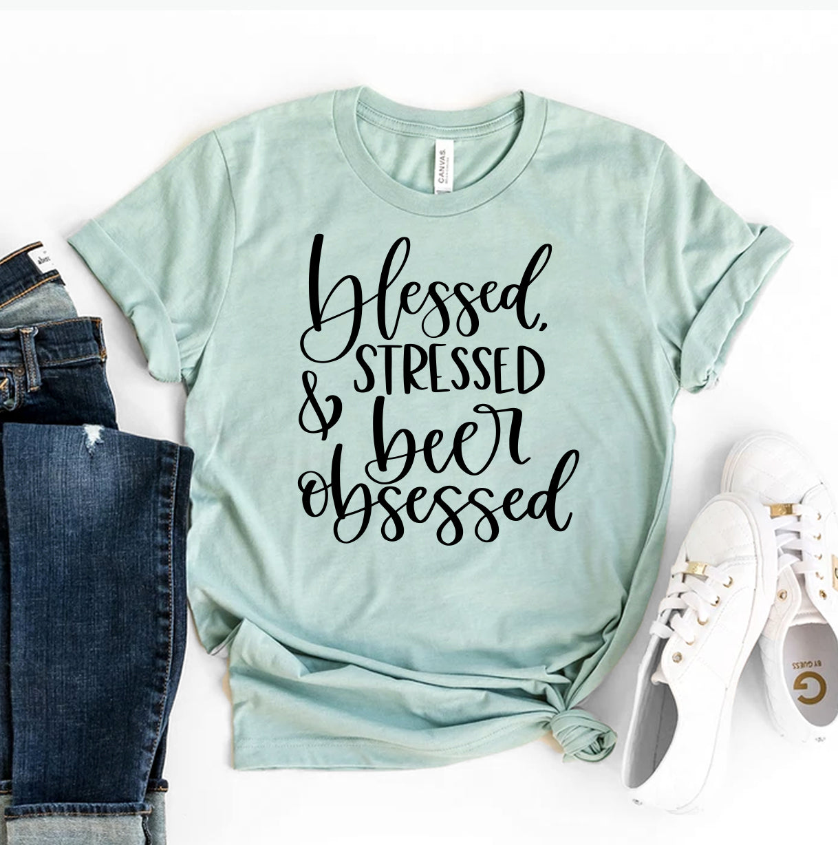 Blessed Stressed & Beer Obsessed T-Shirt - Women’s Fashion - Women’s Clothing - Tops & Tees - T-Shirts