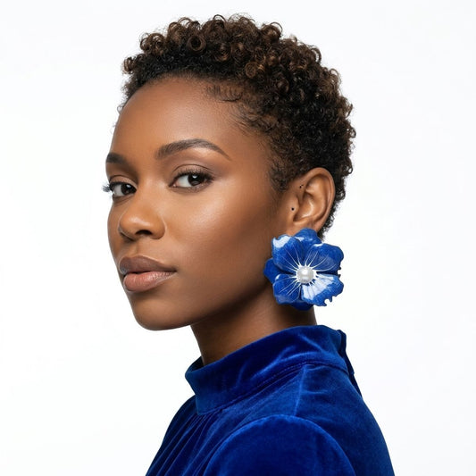Blue Oversized Stud Painted Petal Flower Earrings