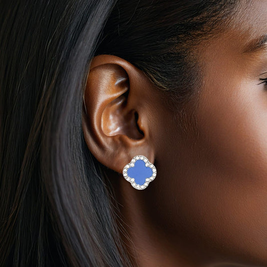 Blue Silver Rhinestone Clover Stud Earrings
