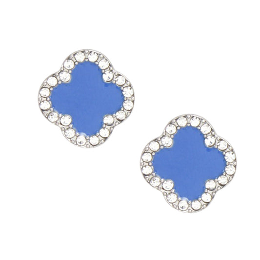 Blue Silver Rhinestone Clover Stud Earrings