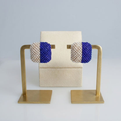 Blue White Beaded Square Studs