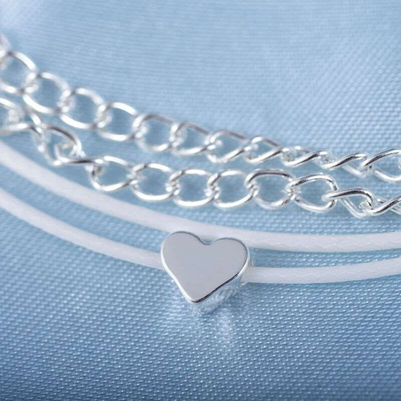 Bohemian Silver Heart Multi Chain Anklet Ankle Bracelet - One Color / One Size - Jewelry & Accessories