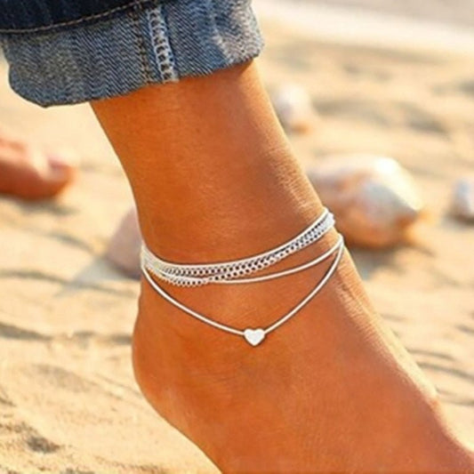 Bohemian Silver Heart Multi Chain Anklet Ankle Bracelet - One Color / One Size - Jewelry & Accessories