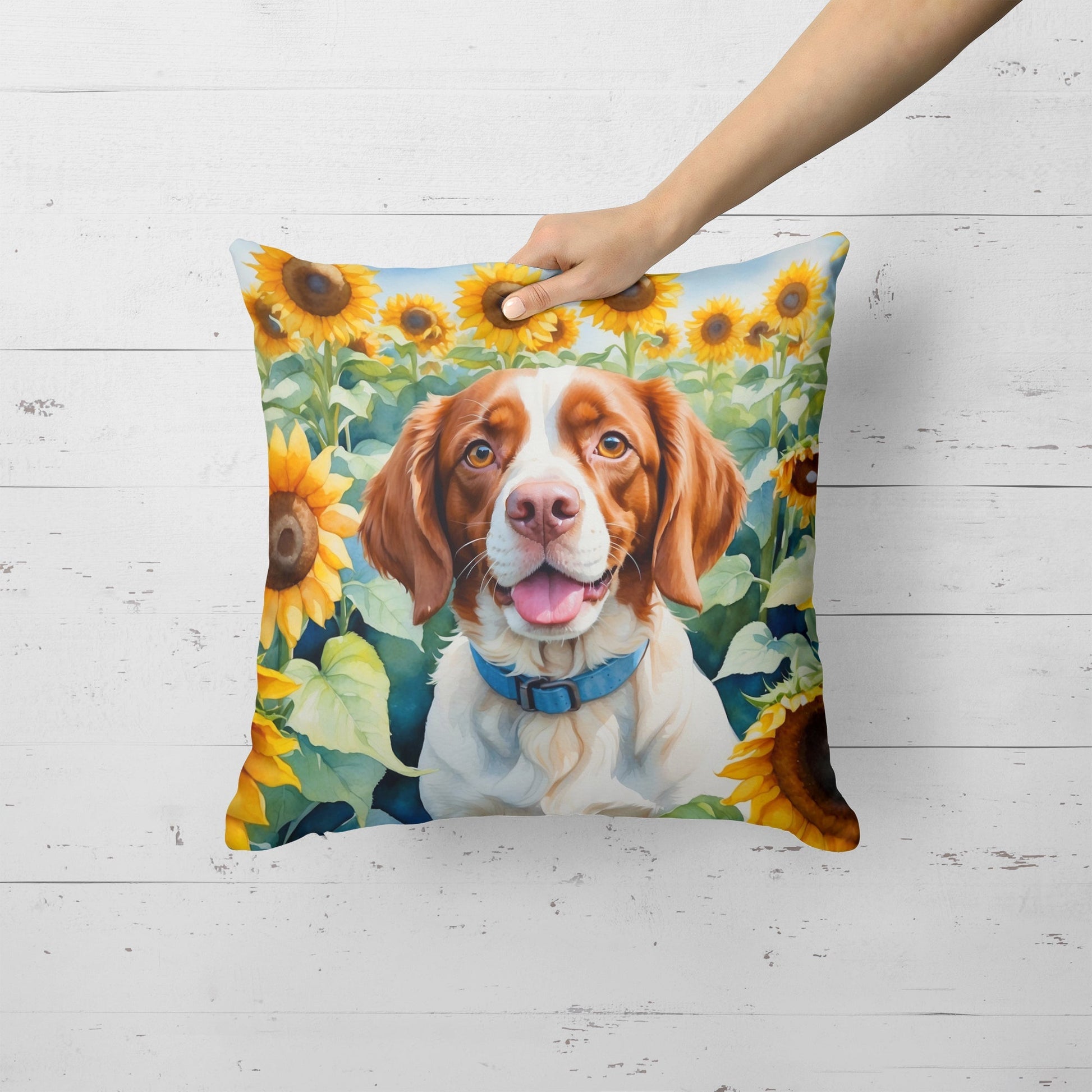 Brittany Spaniel in Sunflowers Throw Pillow - One Color / One Size - Home & Garden - Home Textile - Pillows