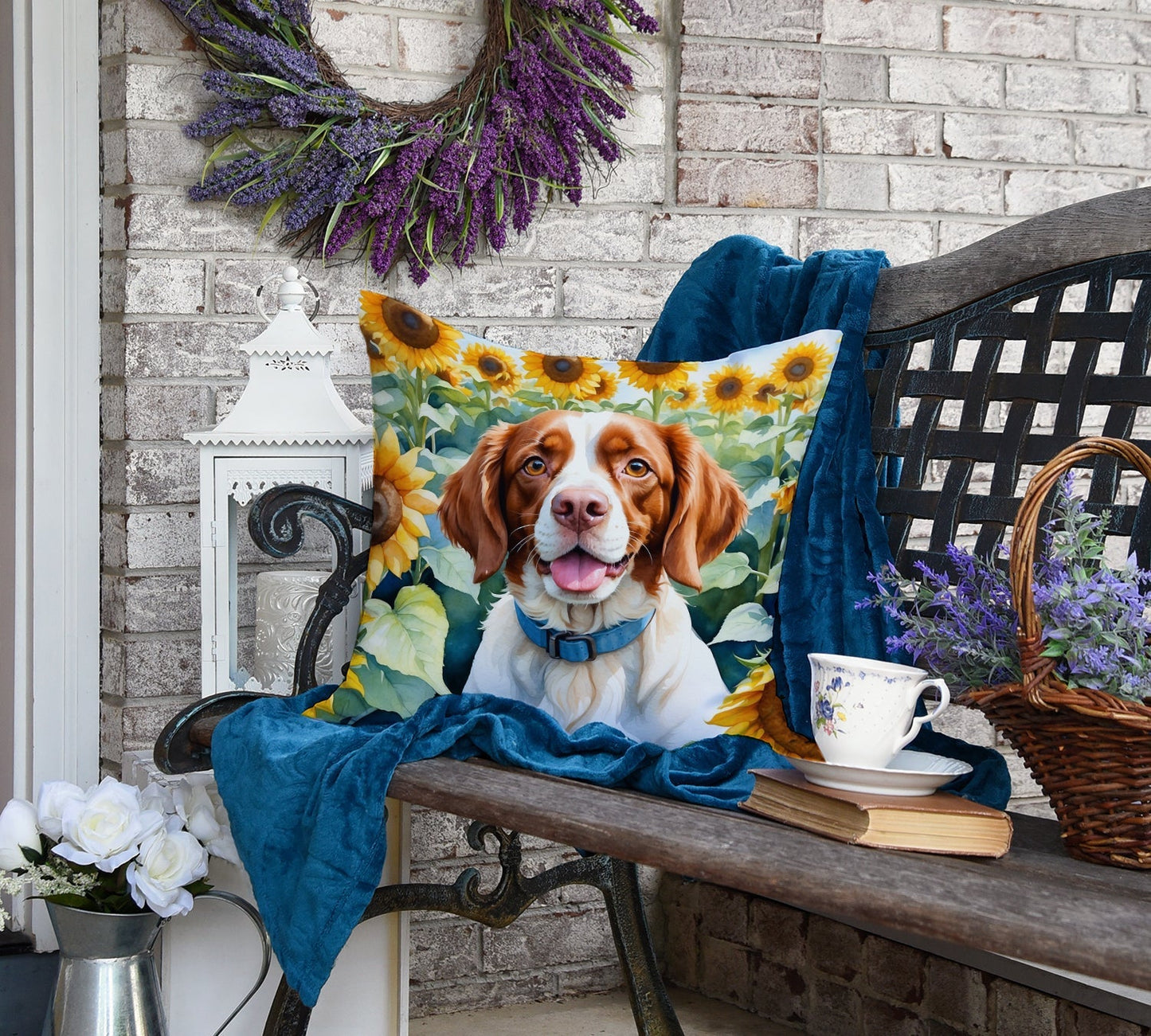Brittany Spaniel in Sunflowers Throw Pillow - One Color / One Size - Home & Garden - Home Textile - Pillows