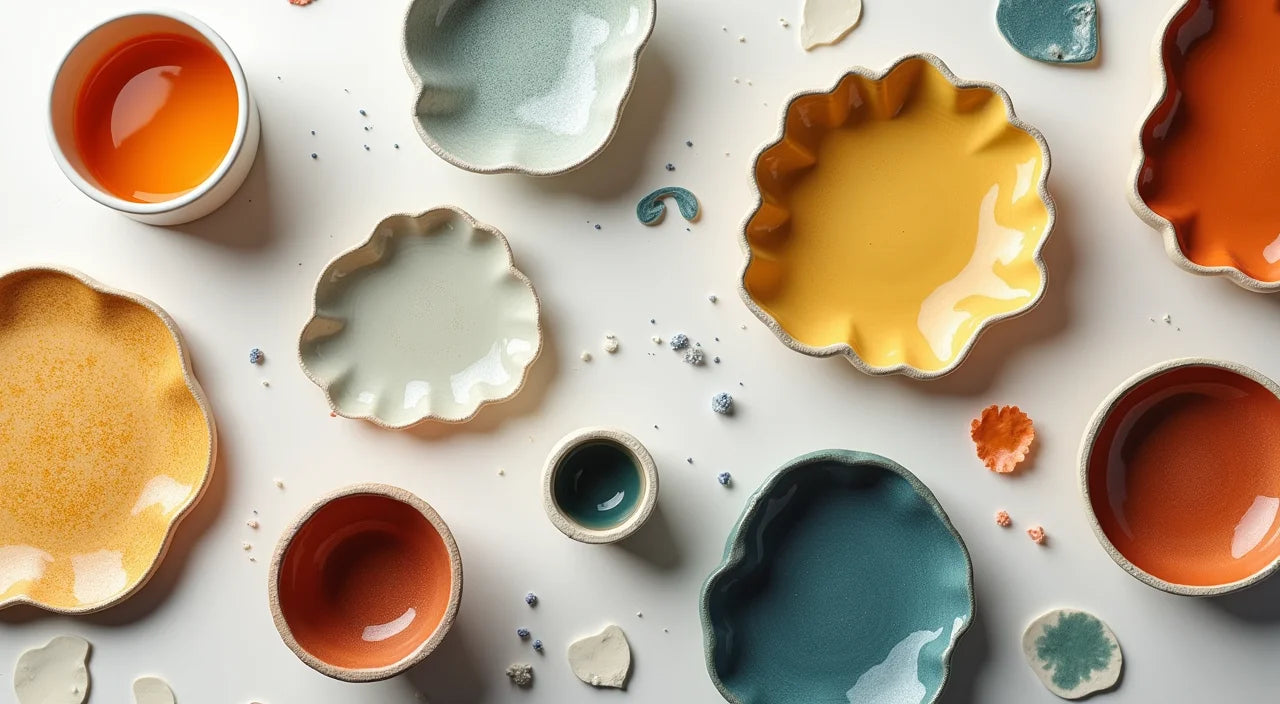 Diverse ceramic glazes and firing techniques creating varied textures and color depth.