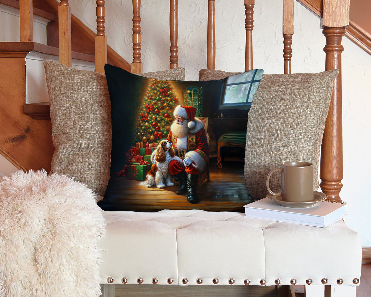 Cavalier Spaniel and Santa Claus Throw Pillow - One Color / One Size - Home & Garden - Home Textile - Pillows