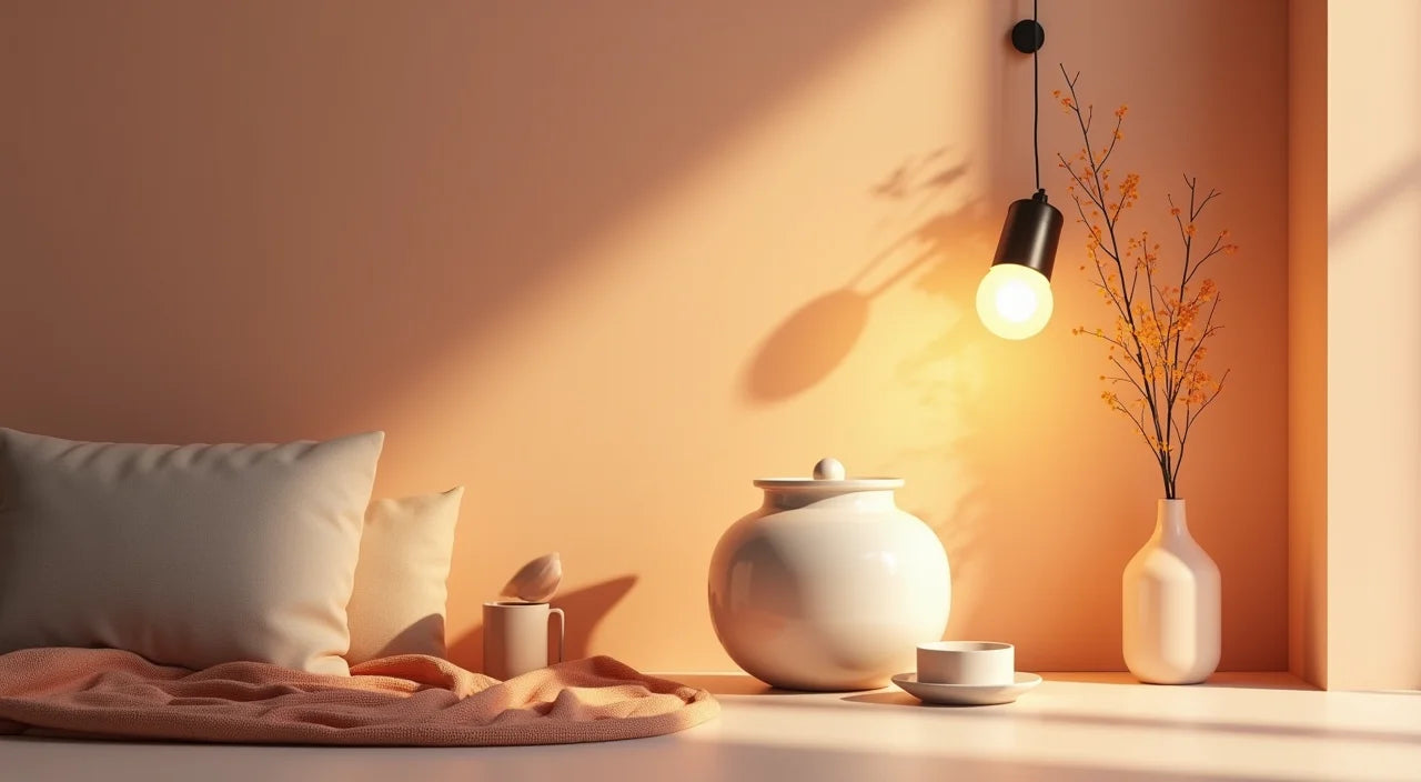 Warm-toned ceramic lighting fixture casting gentle shadows, creating comfortable ambiance in corner reading nook.