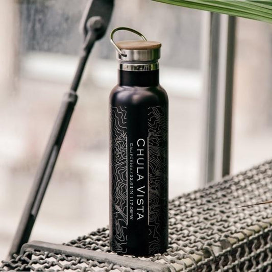 Chula Vista - California Map Bottle with Bamboo Top in Matte Black - Drinkware