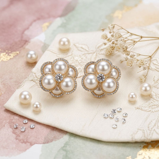 Clip on Gold Stacked Pearl Dome Pave Earrings