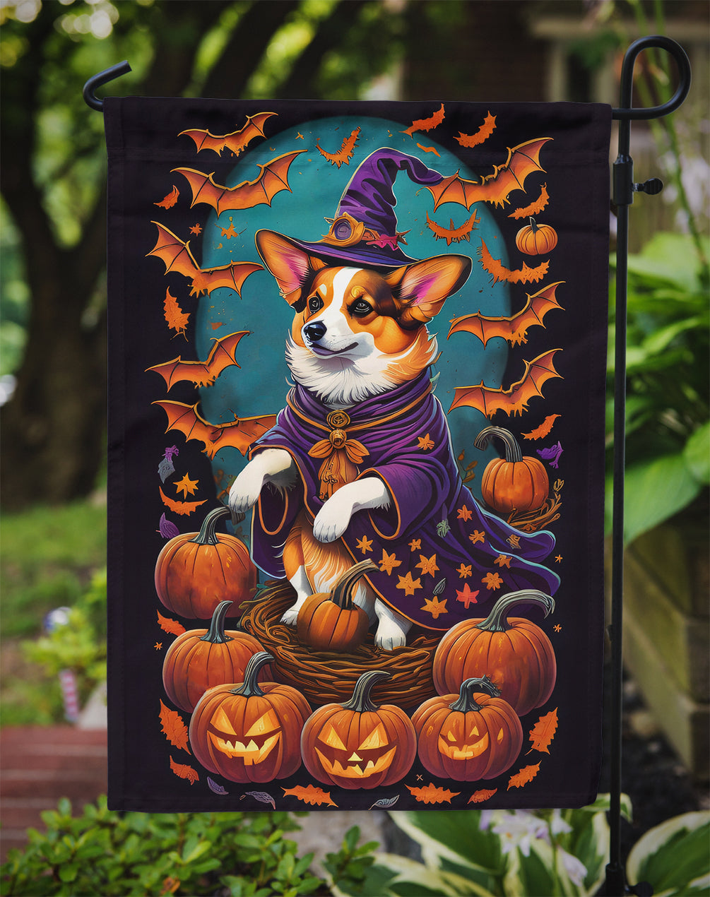 Corgi Witchy Halloween Garden Flag - One Color / One Size - Home & Garden - Home Decor - Flags Banners & Accessories