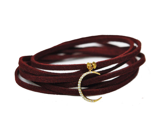 Crescent Moon Burgundy Suede Wrap Bracelet - One Color / One Size - Jewelry & Accessories