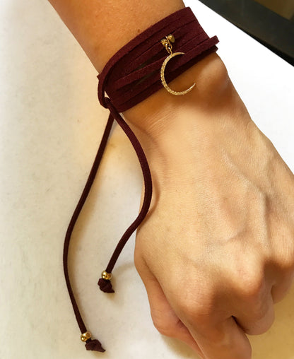 Crescent Moon Burgundy Suede Wrap Bracelet - One Color / One Size - Jewelry & Accessories