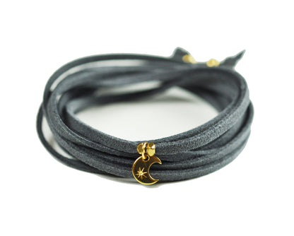 Crescent Moon Grey Suede Wrap Bracelet - One Color / One Size - Jewelry & Accessories