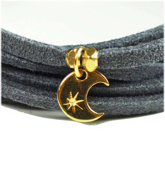 Crescent Moon Grey Suede Wrap Bracelet - One Color / One Size - Jewelry & Accessories