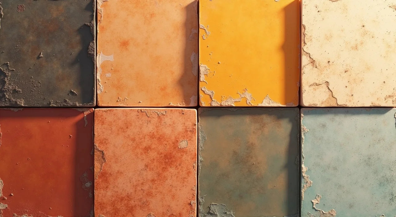 Array of glaze colors swatched on test tiles, rich earth tones and vibrant hues reflecting light differently.