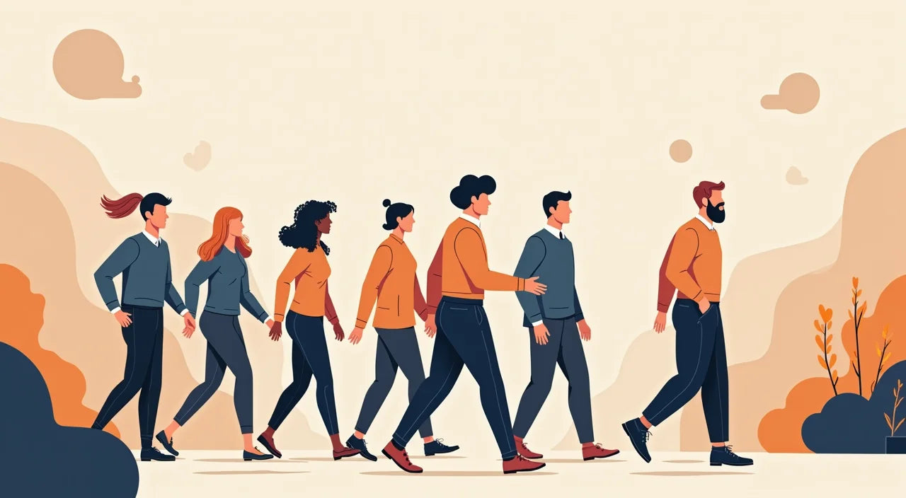 Team members in coordinated branded clothing walking through professional environment together.