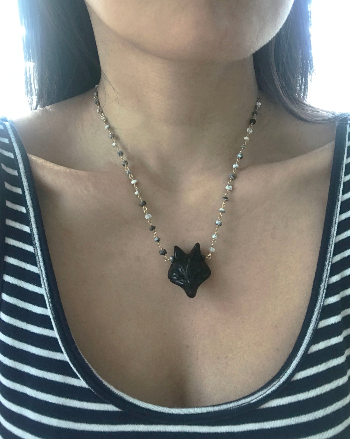 Dalmatian Opal and Obsidian Fox Necklace - One Color / One Size - Jewelry & Accessories - Necklaces & Pendants