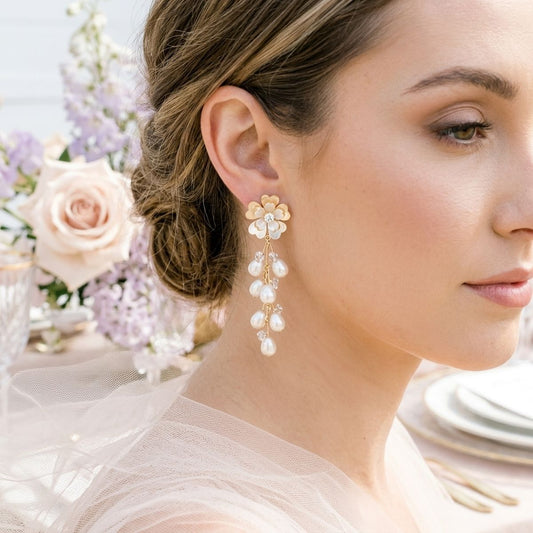 Dangle Gold Floral Cream Pearl Cascade Earrings