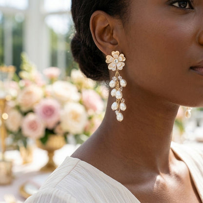 Dangle Gold Floral Cream Pearl Cascade Earrings