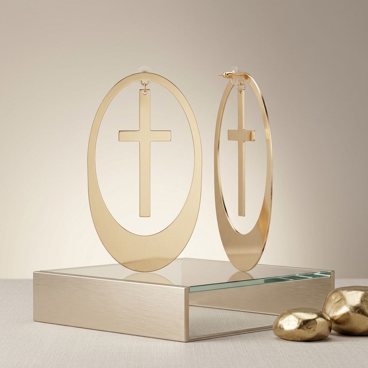 Dangle Oversized Gold Oval Cross Charm Earrings