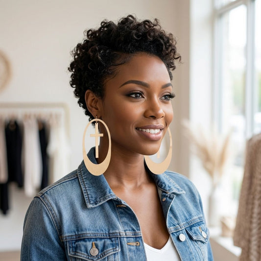 Dangle Oversized Gold Oval Cross Charm Earrings
