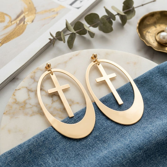 Dangle Oversized Gold Oval Cross Charm Earrings