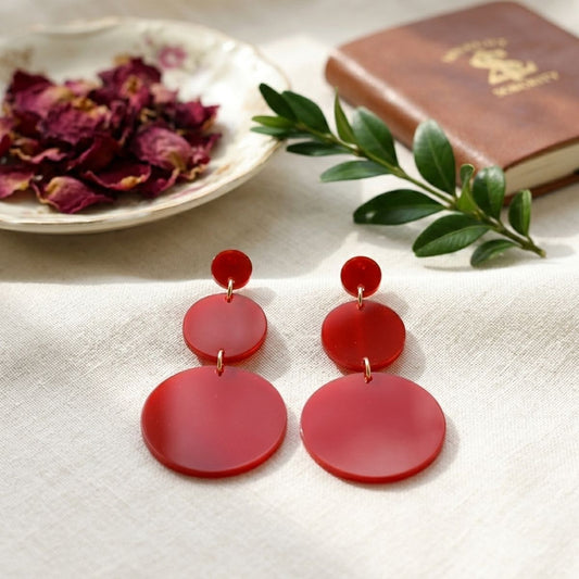 Dangle Red Mirror Triple Disc Drop Earrings
