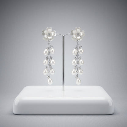 Dangle Silver Floral White Pearl Cascade Earrings