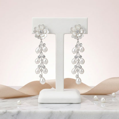 Dangle Silver Floral White Pearl Cascade Earrings