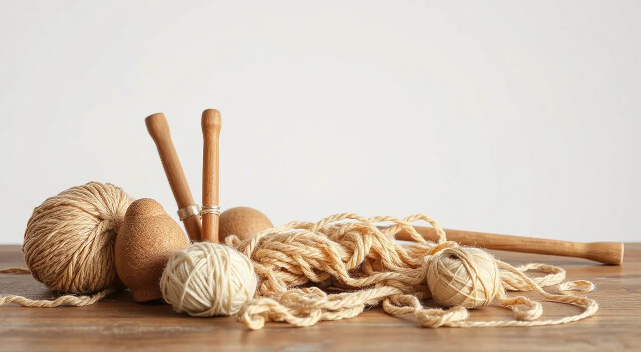 Weaving tools and yarn fibers symbolizing craftsmanship
