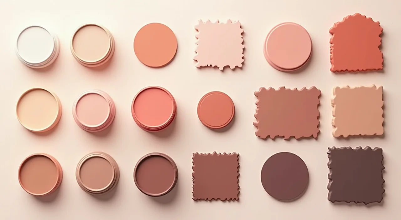 Coordinated color swatches and material samples organized by complementary hue families.