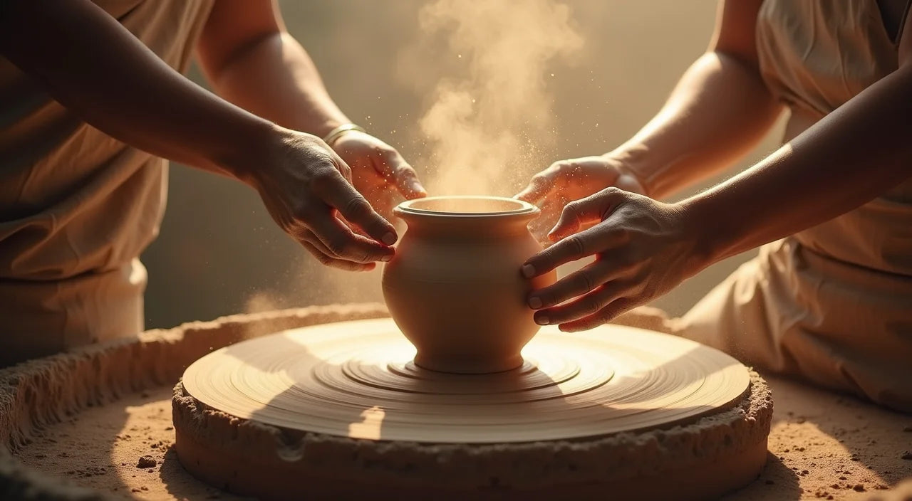 Traditional pottery wheel spinning clay, hands shaping vessel forms, dust particles in warm studio light.