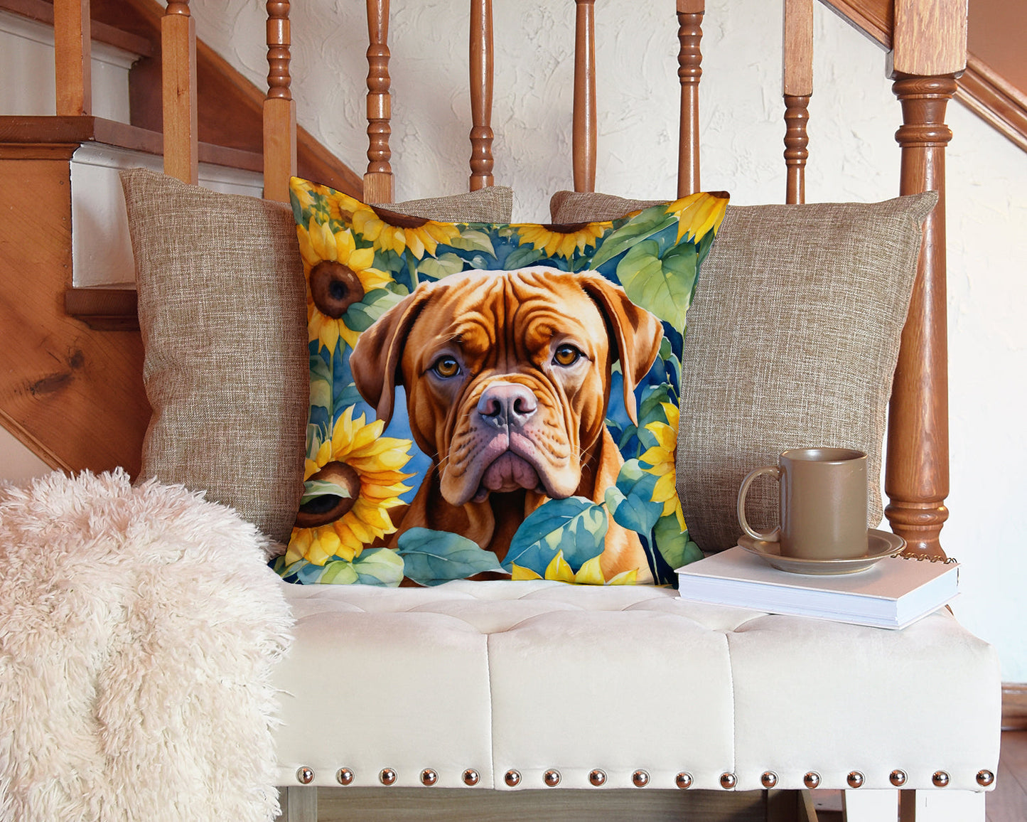 Dogue De Bordeaux in Sunflowers Throw Pillow - One Color / One Size - Home & Garden - Home Textile - Pillows