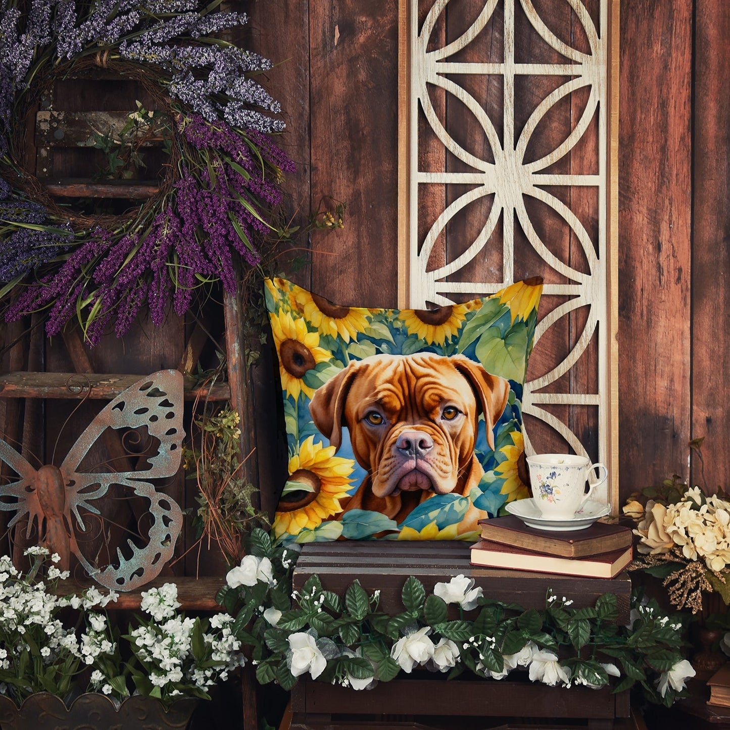 Dogue De Bordeaux in Sunflowers Throw Pillow - One Color / One Size - Home & Garden - Home Textile - Pillows