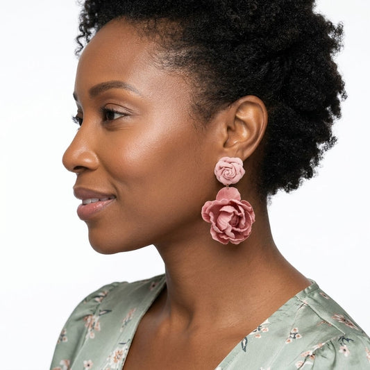 Drop Dusty Pink Double Rose Flower Felt Earrings