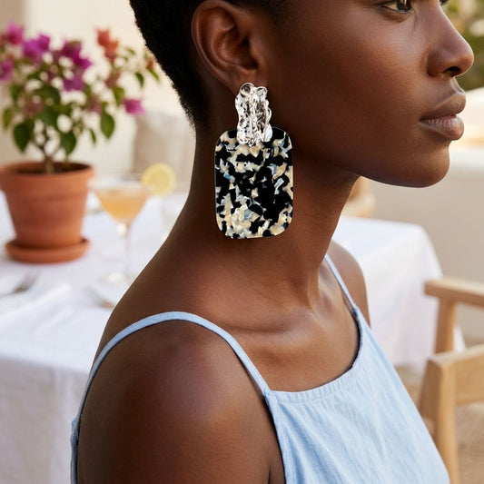 Drop Oversized Black Turtle Shell Silver Earrings