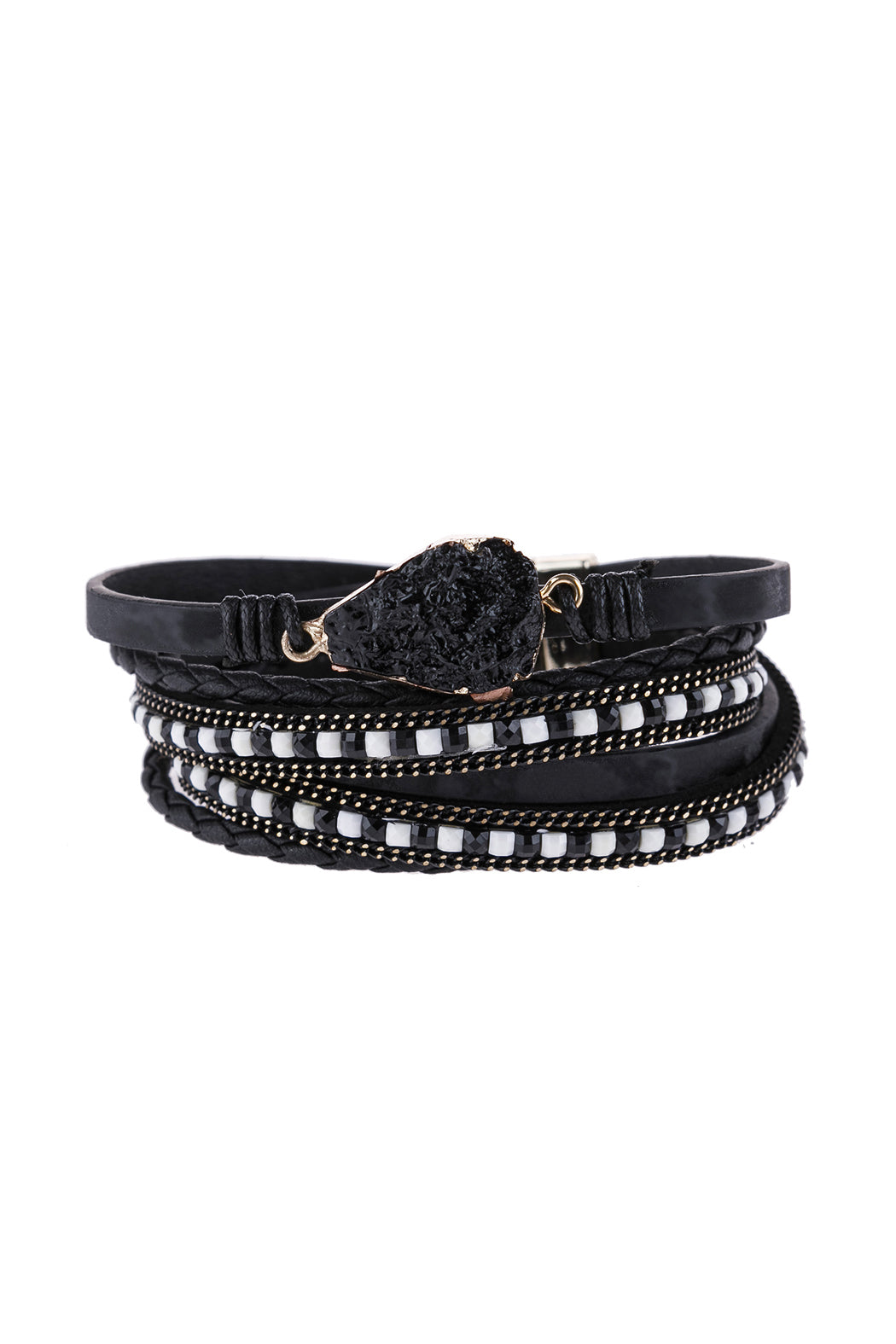 Druzy Stone Leather Wrap Magnetic Bracelet - BLACK - Jewelry & Accessories - Bracelets & Bangles - Wrap Bracelets